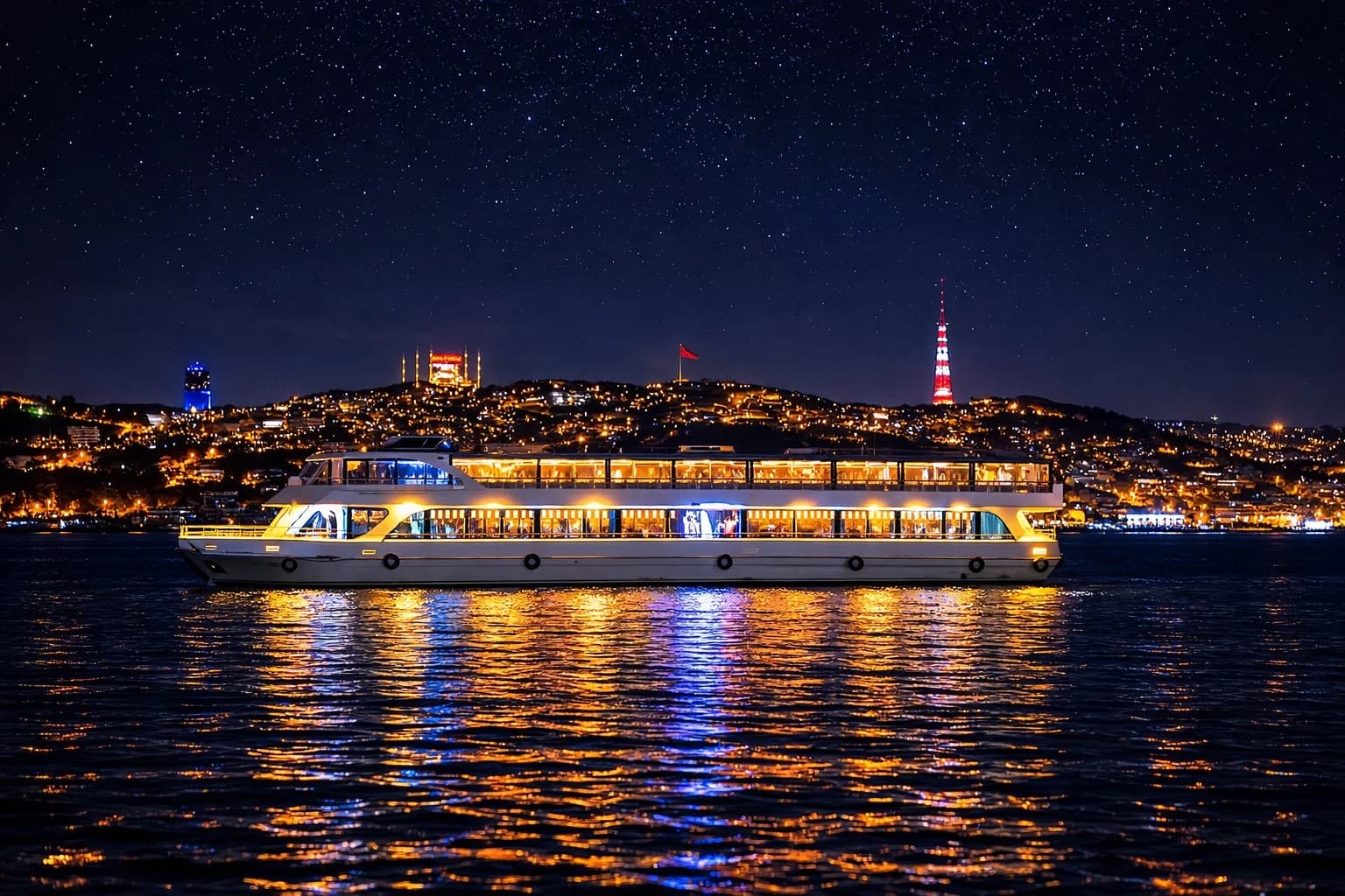 Golden Horn & Bosphorus Dinner Cruise and Show with Standard Menu with Unlimited Soft Drinks and Meeting Point on Private Tables